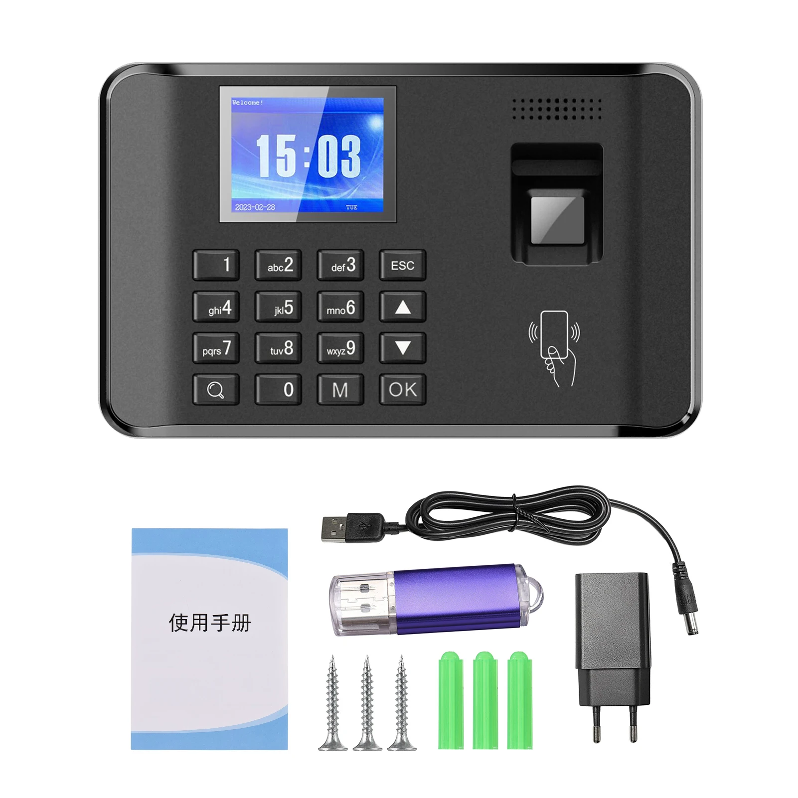 Fingerprint Password Attendance Machine Intelligent Biometric Time Clock Employee Checking-in Recorder 2.4 inch LCD Screen Voice