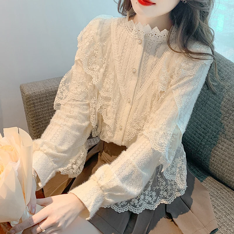 Autumn Korean Sweet Loose Clothes Lace Up Ruffled Women Blouses Fashion Stand Collat Ladies Tops Vintage Lace Shirts Women