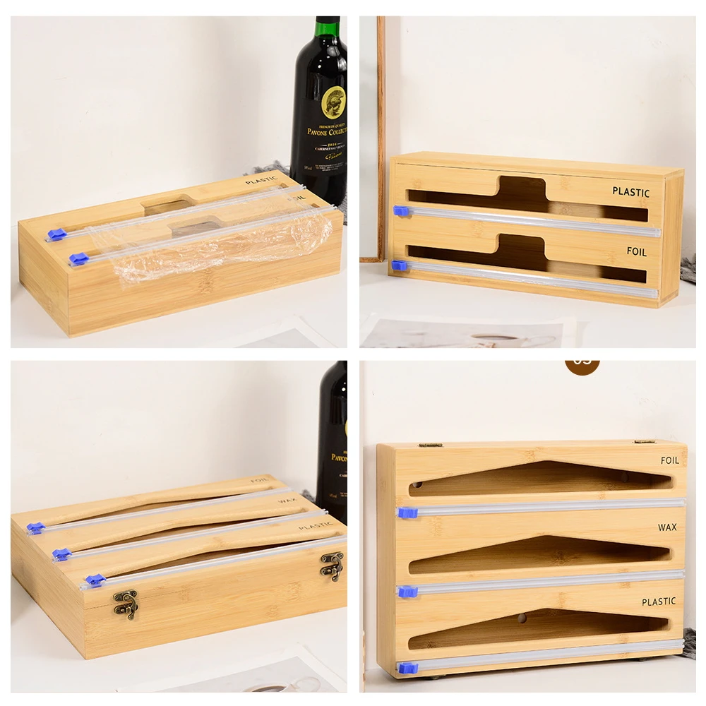 Kitchen Storage Box Cling Wrap Dispenser Food Dispenser Cling Film Dispenser with Cutter Bamboo Kitchen Accessories Organizer