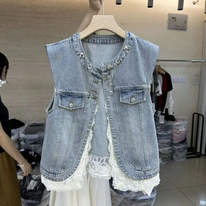 Women's Waistcoat Vest Spring New Letters Diamond Embroidery Round Neck Sleeveless Lace Patchwork Denim Coat Vest for Women