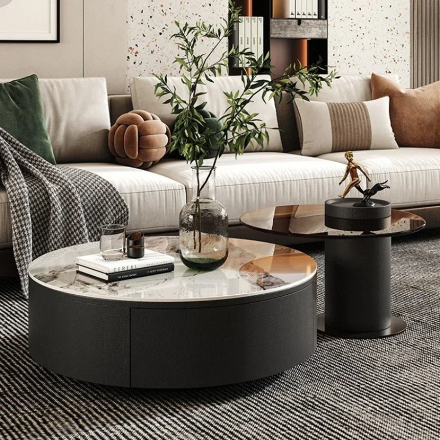 Creativity Black Coffee Table Metal Round Ultra Low Industrial Gloss Up And Down Natural Hall Tables Aesthetic Home Furniture