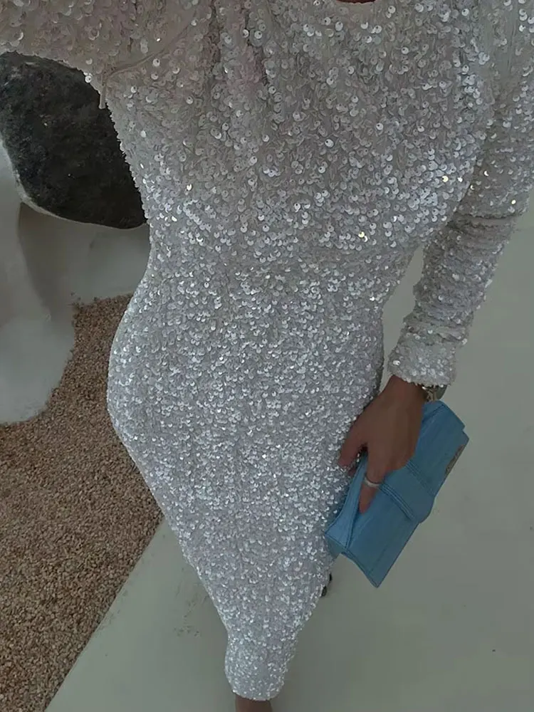 HH Autumn Party Dress Woman 2024 Trendy Solid O-Neck Long Sleeve Sequins Decorate Zipper Female High Street Long Dresses - Image 3