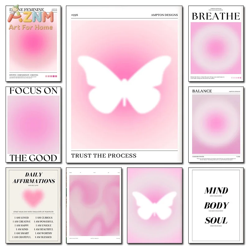 AZNM Pink Aura Butterfly Canvas Wall Art Positive Affirmation Gradient Print Frameless Canvas Painting Bedroom Aesthetic Decor P