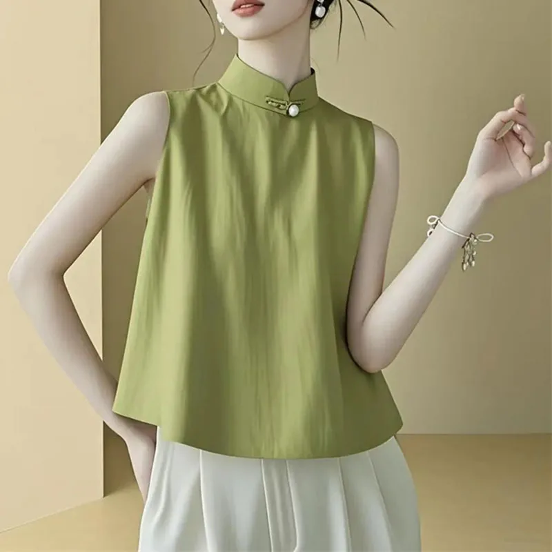 Spring Ladies Solid Color Sleeveless T-shirt Summer Women Fashion Patchwork Waistcoat Tops French Female Stand Collar Vest Coat