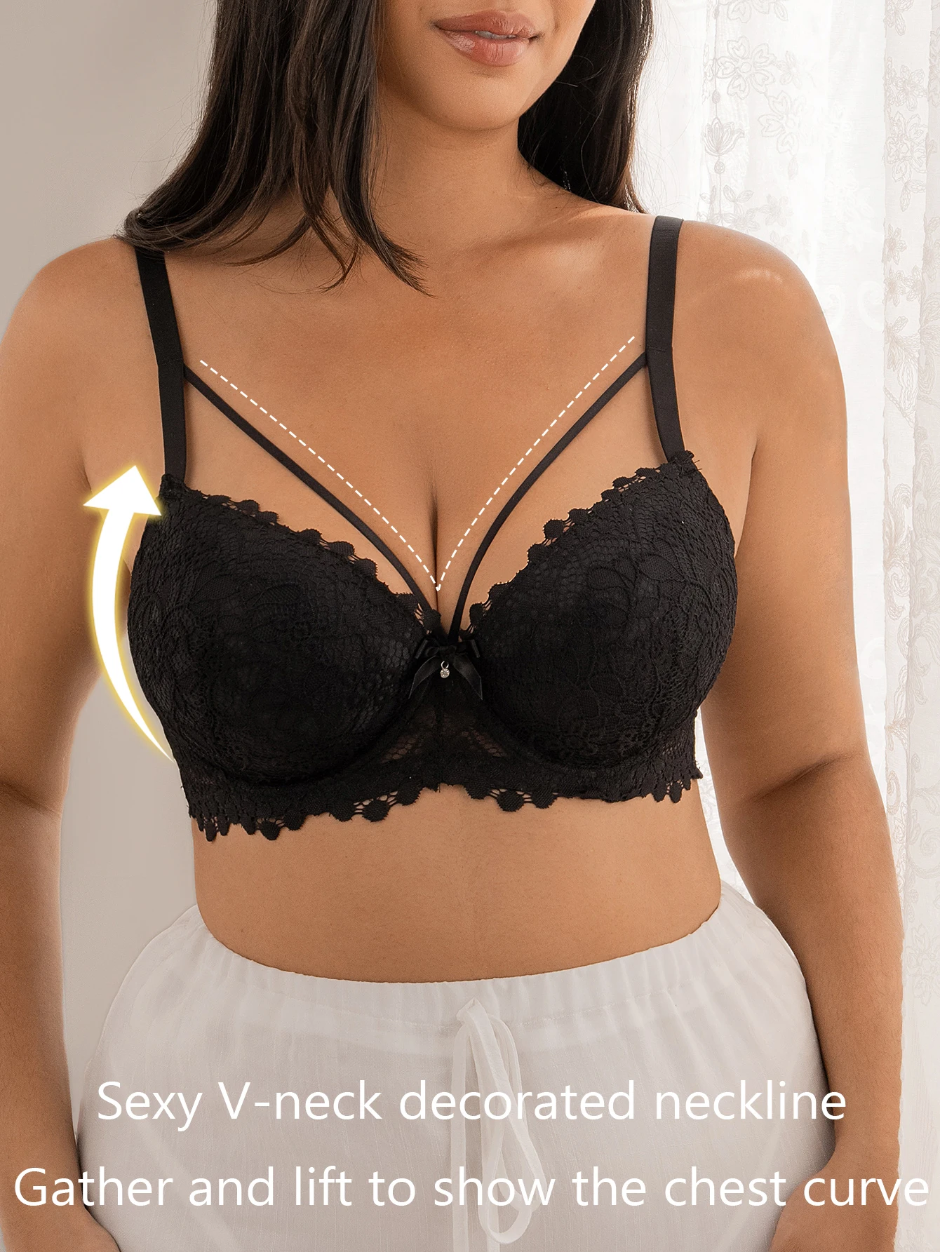 Women C-D Cup Floral Lace Underwire Bra Scalloped Edge Double Thin Straps Rhinestone Gathering Lingerie image 3