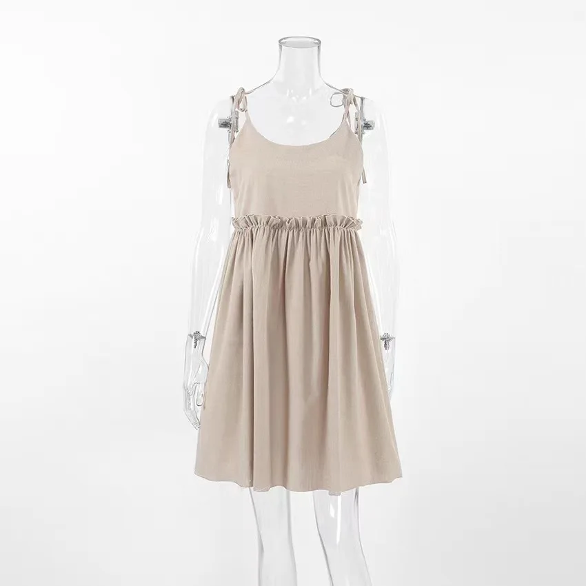 فساتين غير رسمية على طراز المنتجع صيفية بلون سادة ملابس نسائية يومية فضفاضة بحمالات من القطن والكتان بدون أكمام فستان متوسط الطول