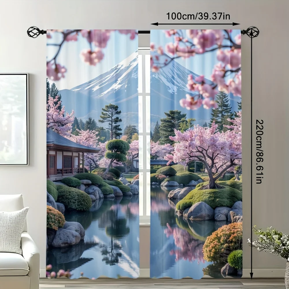 2pcs Mount Fuji Cherry Blossom Garden Print Polyester Curtains, Rod Pocket Blackout Thermal Drapes for Bedroom Living Room