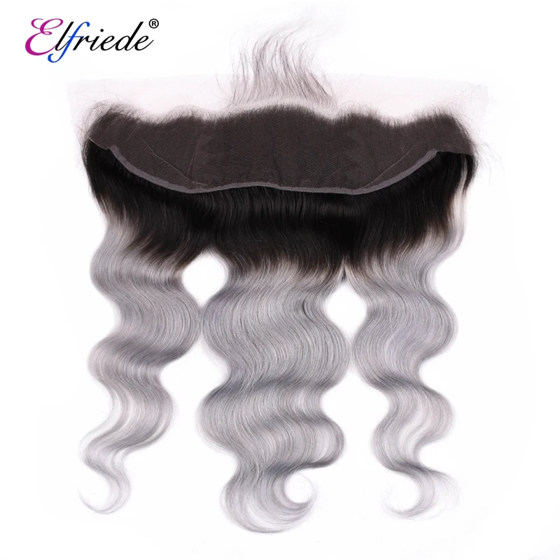 Elfriede bundel rambut pra-warna gelombang tubuh 1B/abu-abu dengan rambut manusia Brasil Frontal 3 bundel dengan renda Frontal 13x4