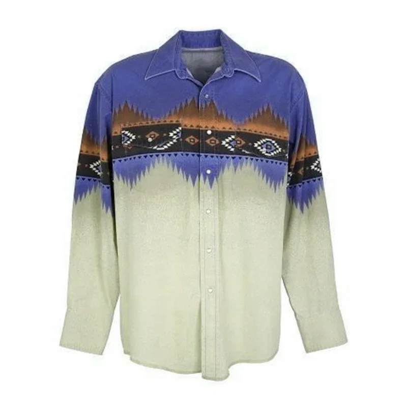 2023 new men\'s western totem tribal lapel long-sleeved shirt fabric soft material casual outdoor men\'s oversized tops shirt