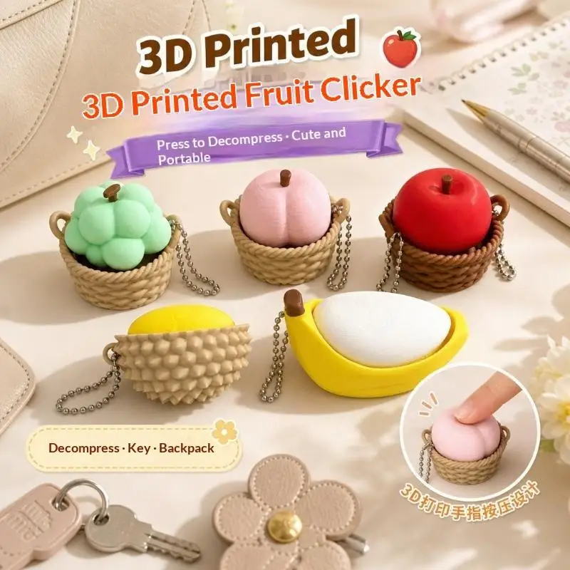 3D Printed Fruit Clicker Fidget Toy Mechanical Press Keychain Pendant Stress Relief Decor For Bag Backpack Hanging Ornament