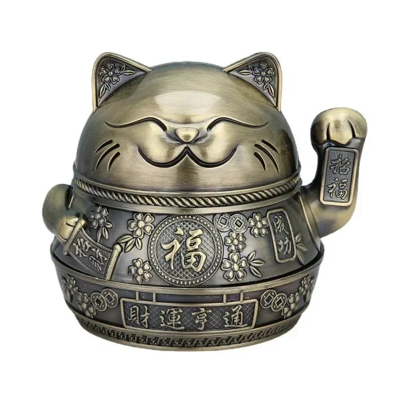 Creative Fortune Lucky Cat Design Ashtray Zinc Alloy Ashtray Portable Retro Metal Anti-fly Cigarette Holder Home Desk Decoration