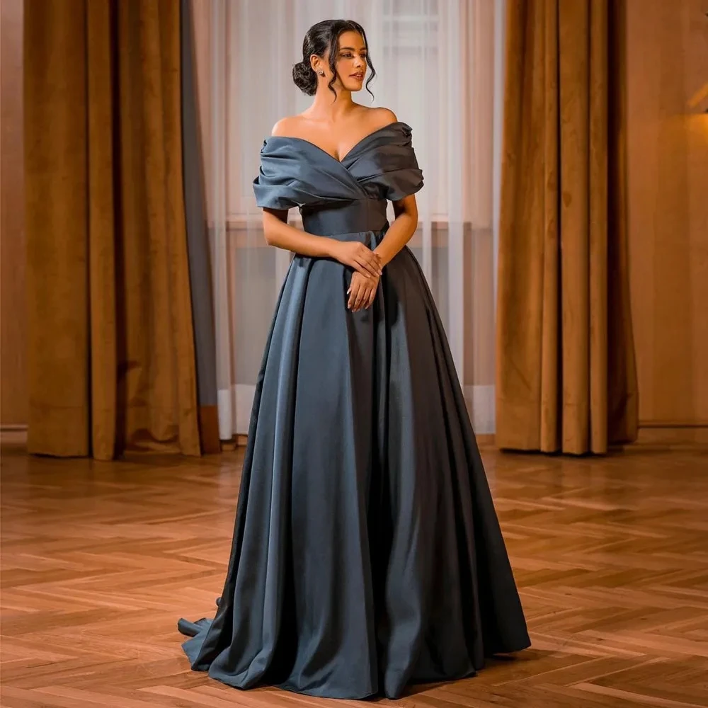 

Musetta Gray Pleated Prom Dresses Off The Shoulder Neck Empire Waist Evening Gowns A Line Sweep Train Satin Formal Dress