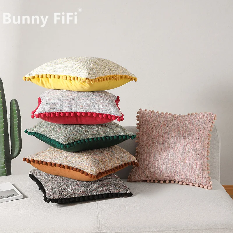 Boho Chenille Weiche Kissenbezüge mit Pompons, modernes gestreiftes Muster, bestickte dekorative Kissenhüllen für Sofa und Bett