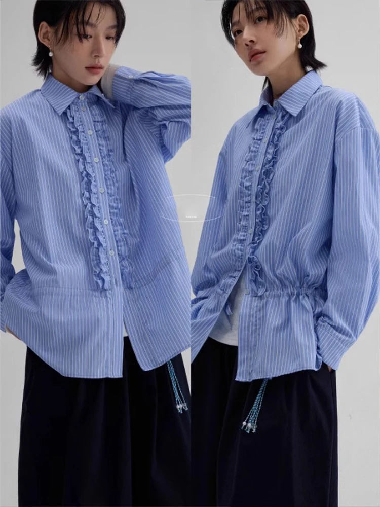 

French Vintage Shirts Striped Long Sleeve Ruffles Patchwork Draw String Blouses 2025 Spring New Design All Match Women Clothing