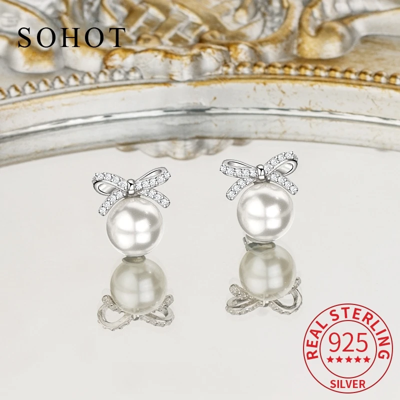 

Real 925 Sterling Silver Zircon Bowknot Pearl Stud Earrings for Charm Women Elegant Fine Jewelry Minimalist Accessories