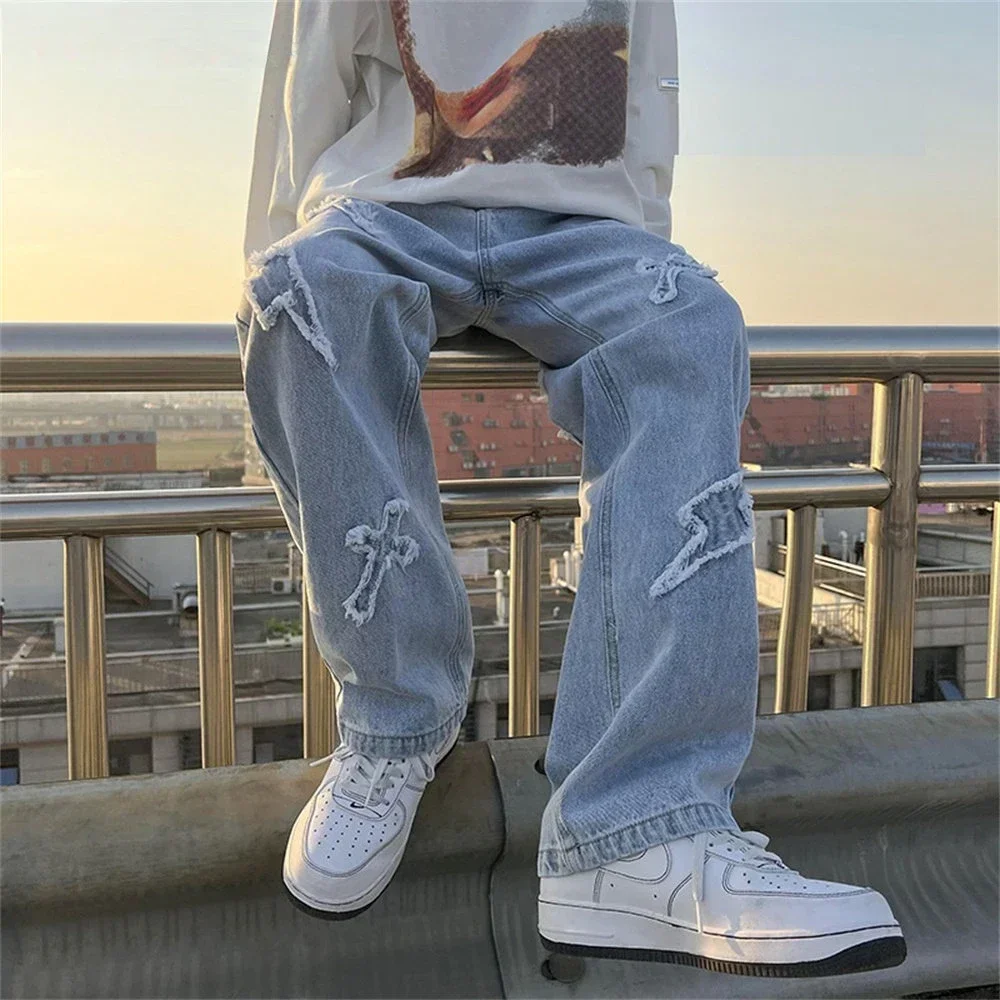 Korean High Street Loose Casual Pants Men's Embroidered Cross Flare New Jeans Denim Forwomen Men Same Paragraph bagg men pants