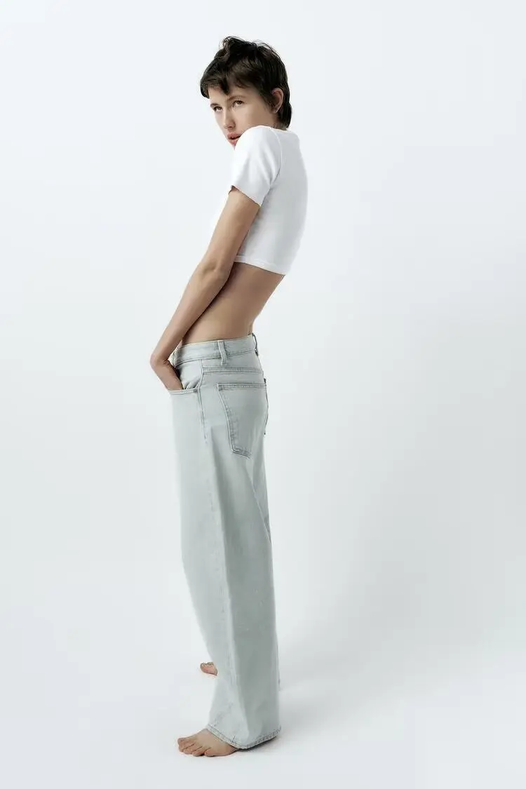 

Весна 2024, новые женские джинсы TRF с высокой талией и широкими штанинами, джинсовые брюки, свободный крой, винтажные, устойчивые к ношению, глубокий цвет