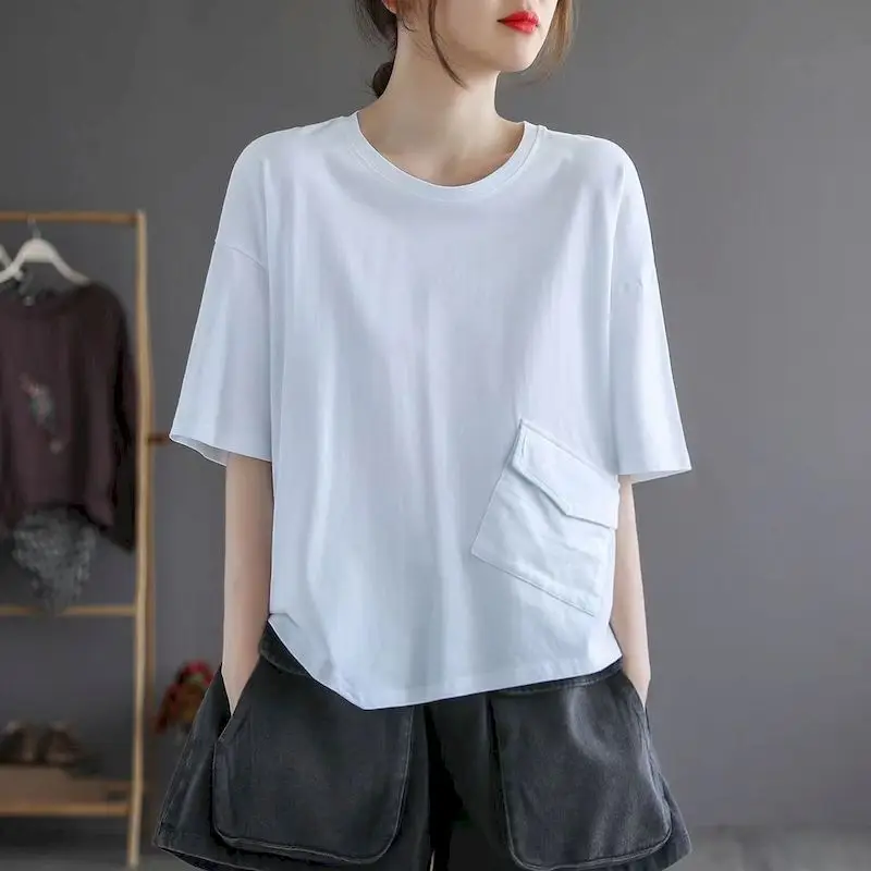 

Футболка женская Асимметричная из 95% хлопка, в Корейском стиле, оверсайз, модная повседневная свободная футболка с коротким рукавом, летняя трендовая футболка