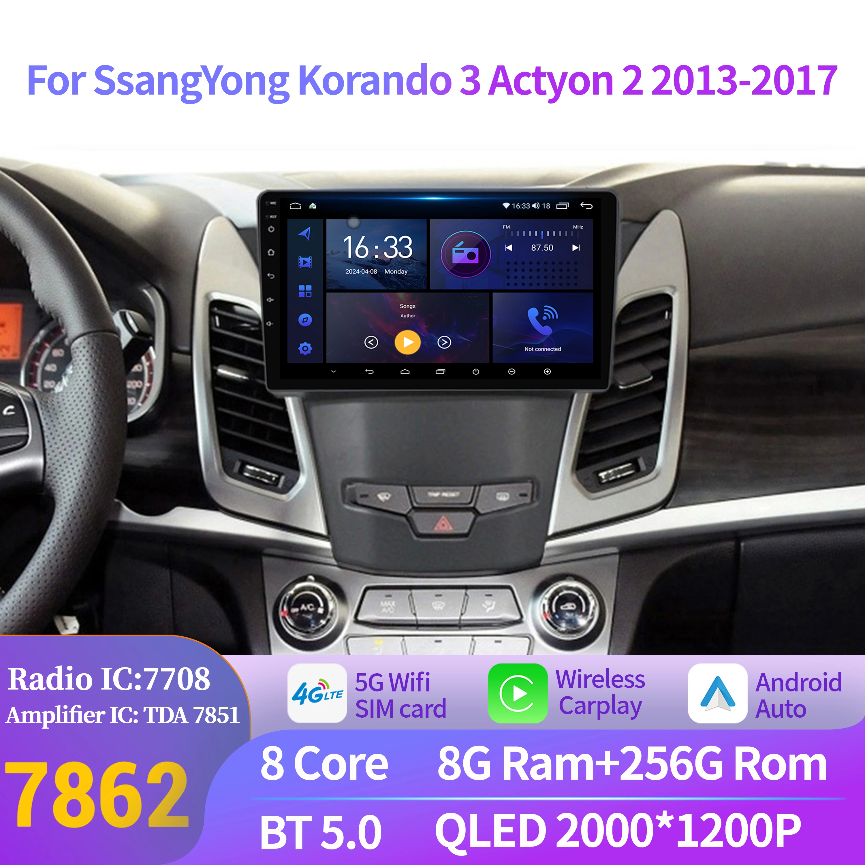 

Android 14 For SsangYong Korando 3 Actyon 2 2013-2017 Car Radio Multimedia Player GPS Navigation Car Play Stereo 2K QLED Screen