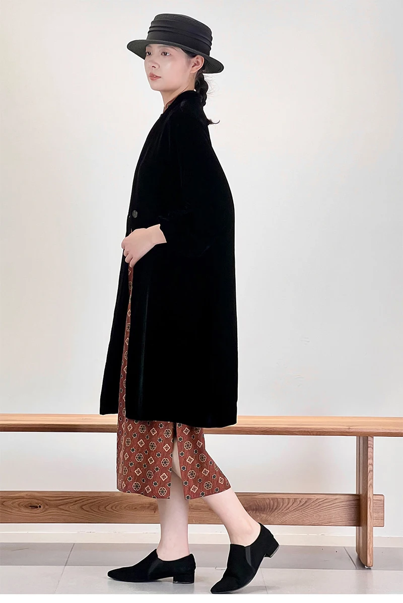 Fengbaoyu Natural Silk Velvet Women's Long Coat Simple and Elegant Outdoor Casual Coat with Soft, Fine and Lightweight Texture