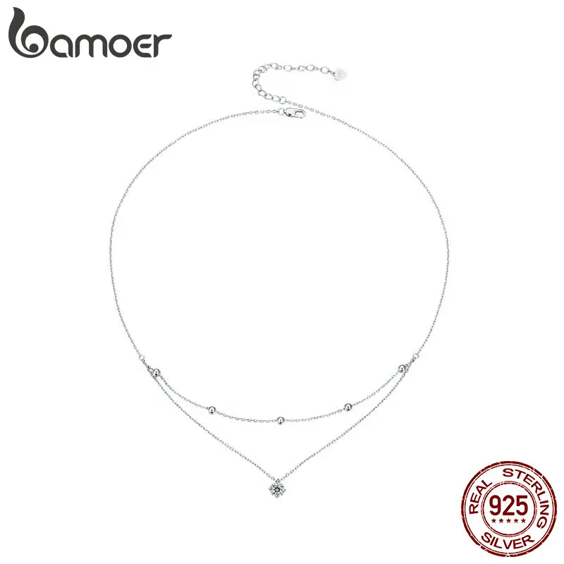 BAMOER Moissanite Layered Pendant Necklace, 925 Sterling Silver Round Multilayer Stylish Dainty Choker Necklace 17.7 inches