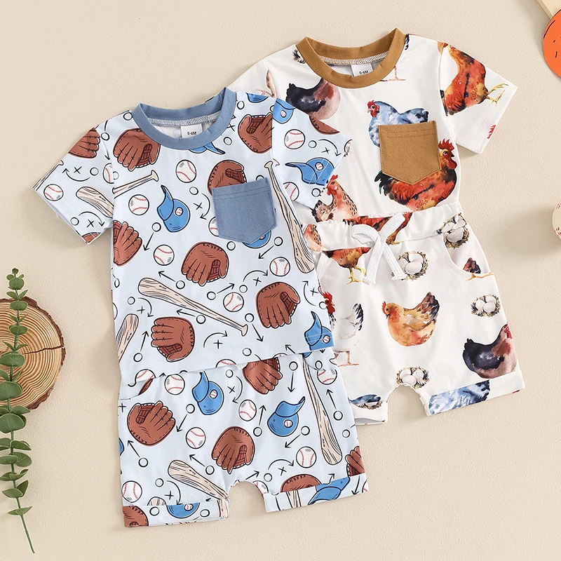 

2024-04-05 Lioraitiin Toddler Baby Boys Summer Outfits Baseball/Chicken Short Sleeve T-Shirts Tops Elastic Waist Shorts Set