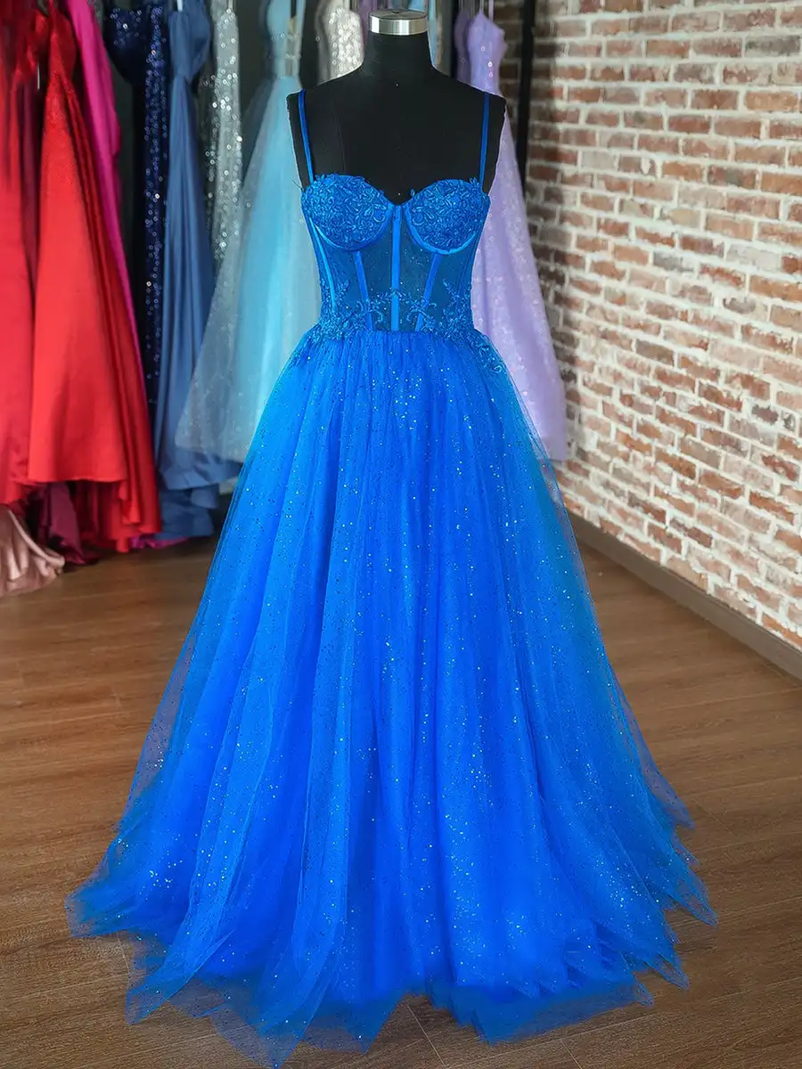 

Elegant Evening Dresses Tulle Lace Applique Glitters Tulle Sparkly Sweetheart Spaghetti Strap Illusion Long Party Prom Gowns