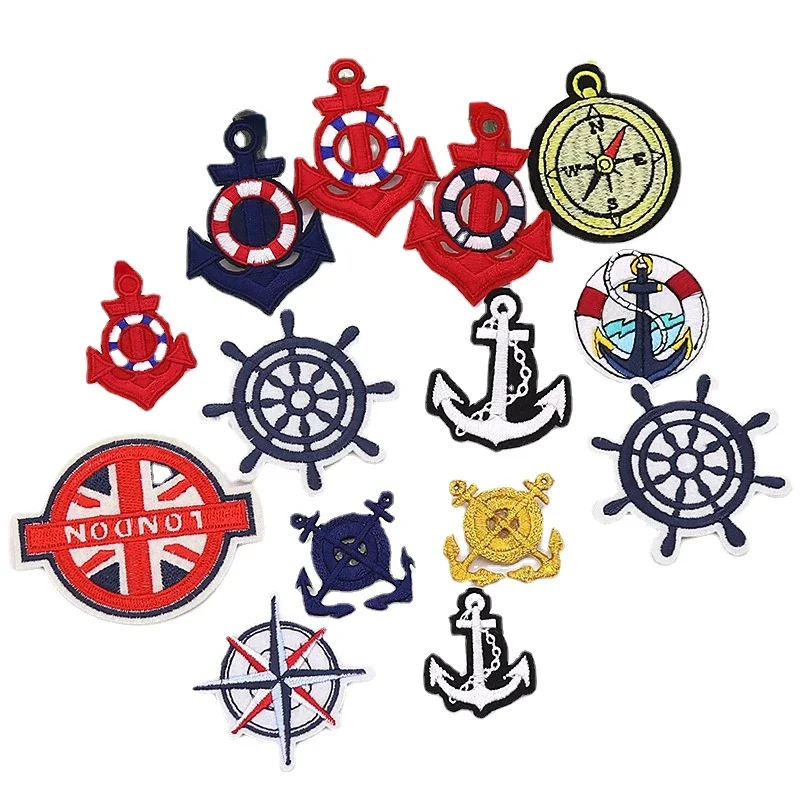 50pcs/Lot Luxury Embroidery Patch Sailor Gold Anchor Compass White Black Red Clothing Decoration Accessory Craft Diy Applique