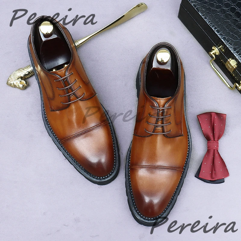 

Men's Thick Soled Derby Shoes British Style Genuine Leather Lace-Up Business Dress Shoes Trendy Cowhide Party Banquet Shoes