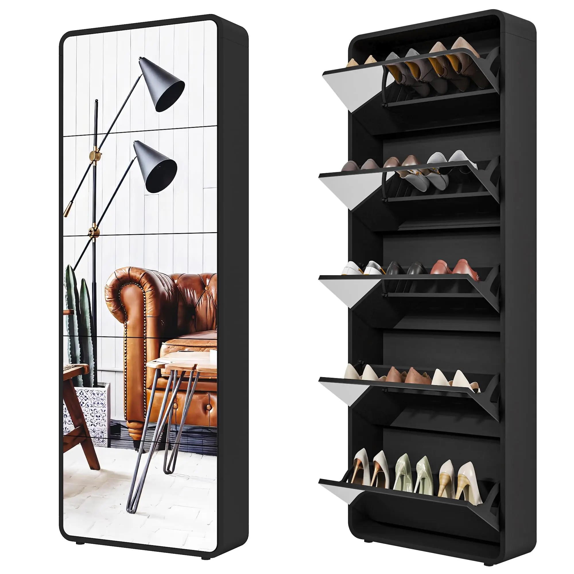 Mirror Shoe Cabinet with 5 Flip Doors, Narrow Shoe Storage, Black | Space-Saving Slim 7.7