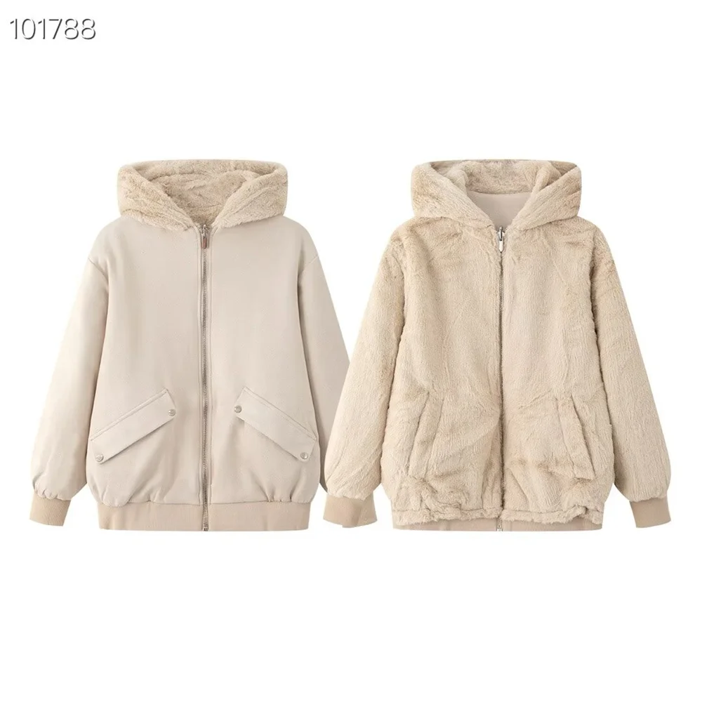 

BMURHMZA Women's New Casual Loose Double sided Hooded Jacket Fashionable Thickened Warm Plush Zipper Coat