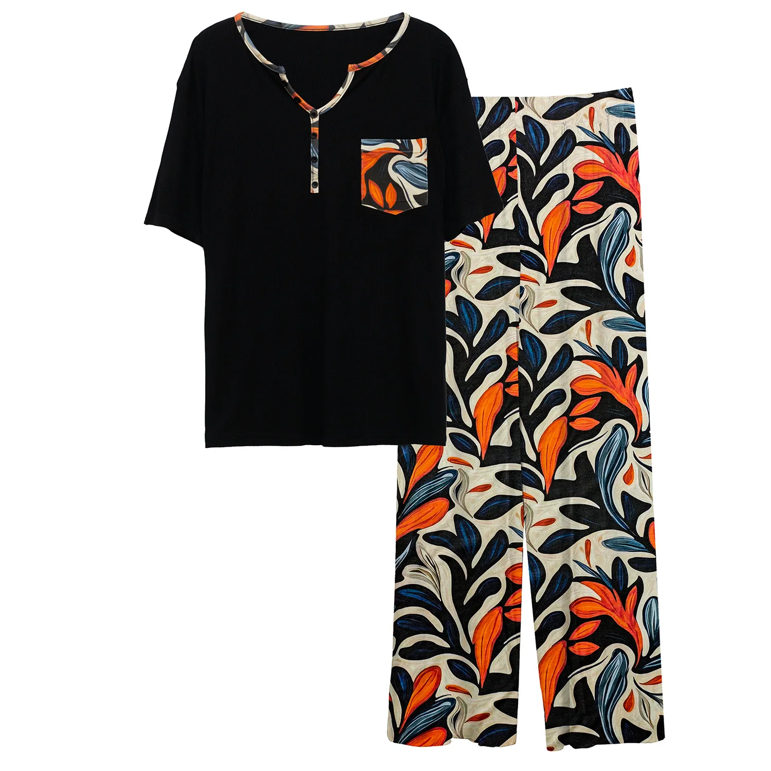 European and American Women's Homewear Pajama Print Pants Short Sleeve Draped Loungewear Two-Piece Set  Home · Walk · Shopping