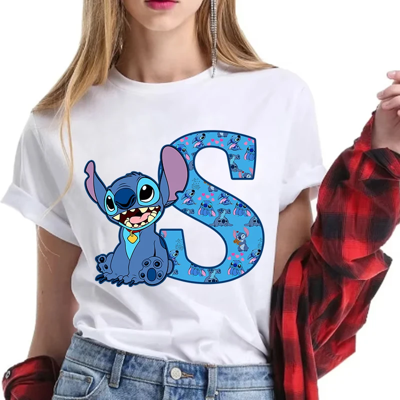 Disney Stitch Letter A-Z Printing T-shirts Women Anime Fashion Short Sleeved Shirt Ladies Summer Simple White Top Adult Clothes