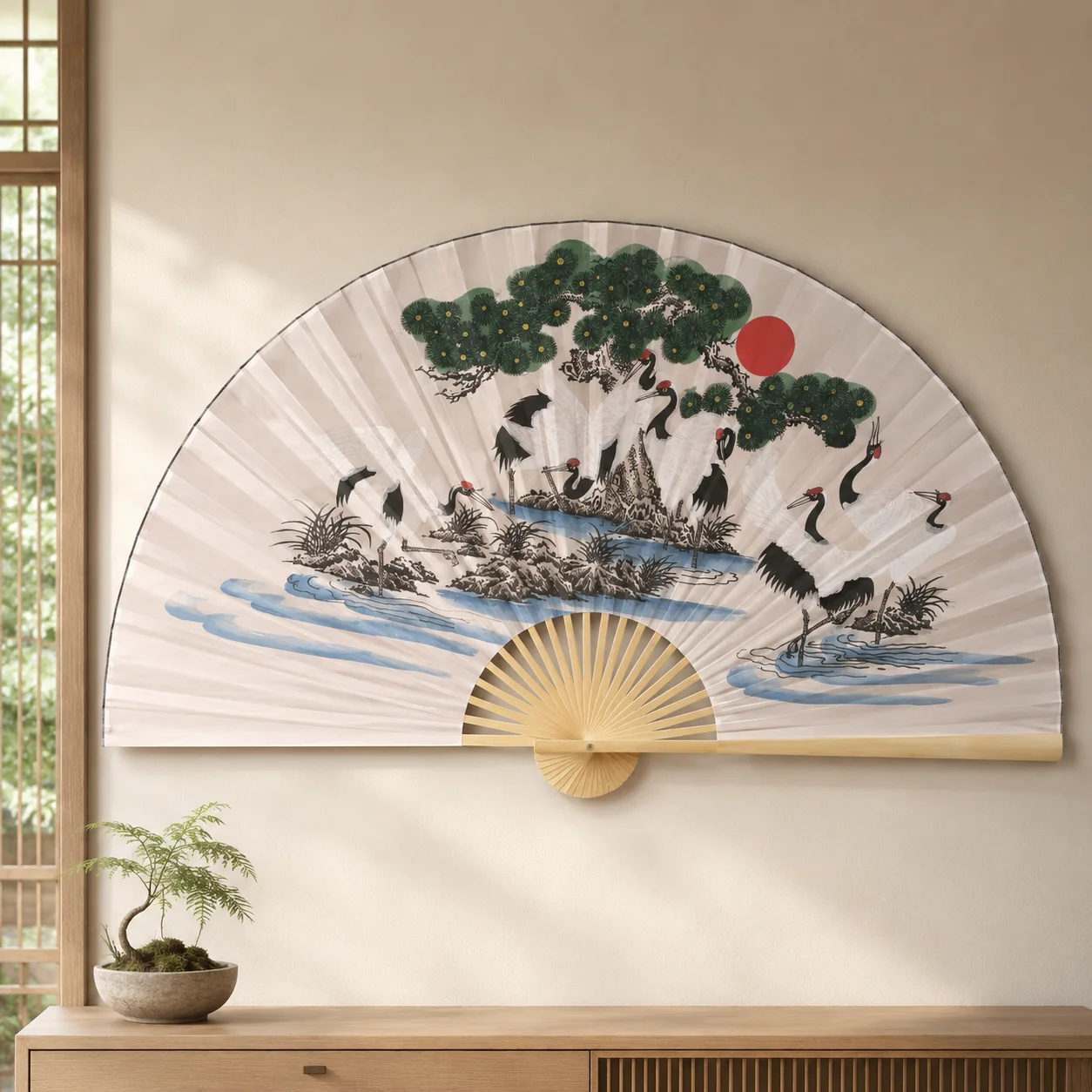 160cm Oversized Wall‑Hanging Decor Fan, Printed Pine Crane Pattern, Natural Bamboo Frame, Oriental Wall Art for Living Room