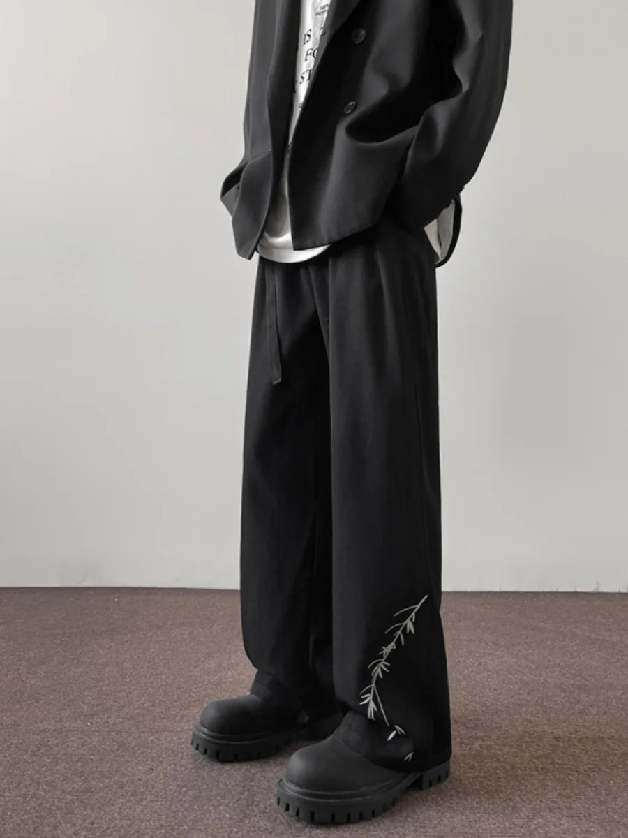 

New Chinese Sle Embroidered Men's Straight Leg Pants Spring Trendy Brand Cleanfit Drapey High-End Casual Trousers