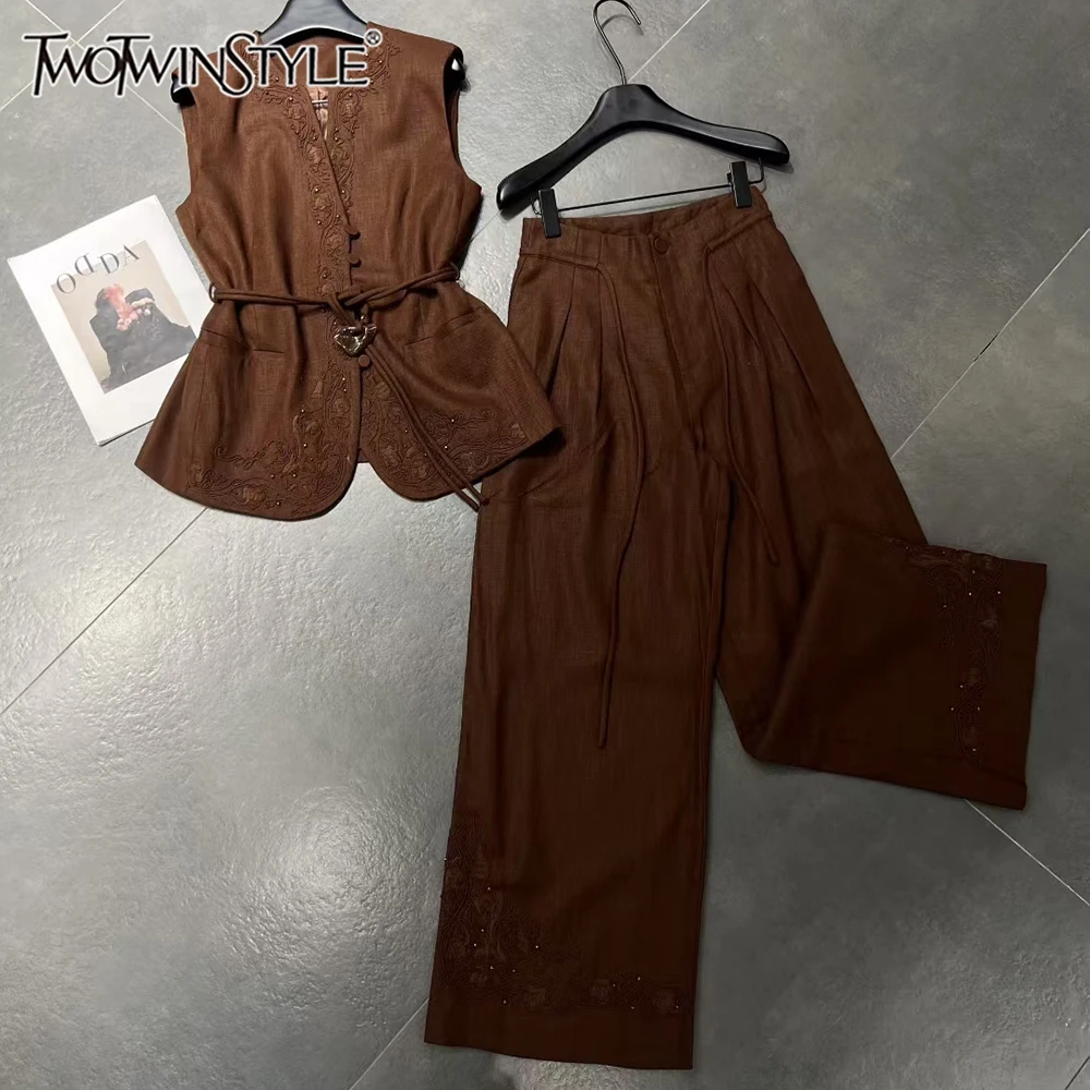 

TWOTWINSTYLE Casual Slim Two Piece Sets For Women Round Neck Sleeveless Top High Waist Pants Chic Set Female KJA545857 KPA545858
