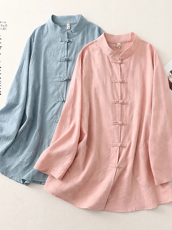 

Women's Autumn Long Sve Embroidered Cotton Linen irt Stand Collar Mid-Length Open Cardigan Top plus Size Commute Sle