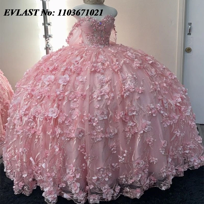 EVLAST Мексиканское розовое платье Quinceanera, бальное платье с 3D цветочной аппликацией и бисером с бантом, корсет Sweet 16, Vestidos De XV 15 Anos SQ18