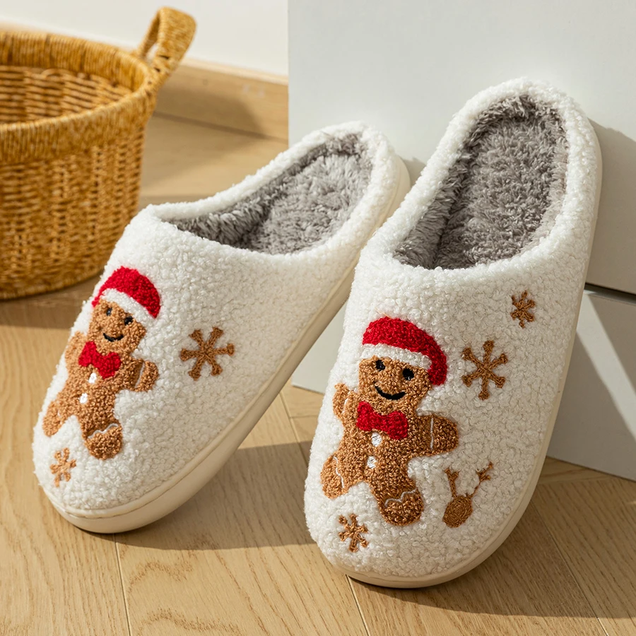 Man Plush Slippers Christmas Gingerbread Man Winter Warm Fuzzy Indoor Non Slip Soft Sole Cute Holiday Slip On Shoes Couple