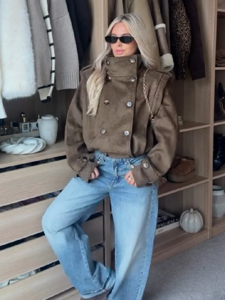 Trendige Stehkragen-Kurzjacke, Modischer Doppelreihiger Langarm-Mantel, Schicker Pendler-Mantel, Herbst 2026 Neu, Tägliche Casual-Streetwear – Detail 2