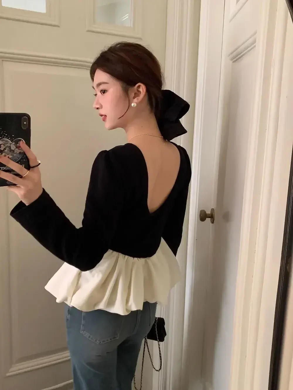 Women Shirt Korean Fashion Round Neck Backless Ladies Tops Outwear Slimming Ruffled Patchwork Clothes