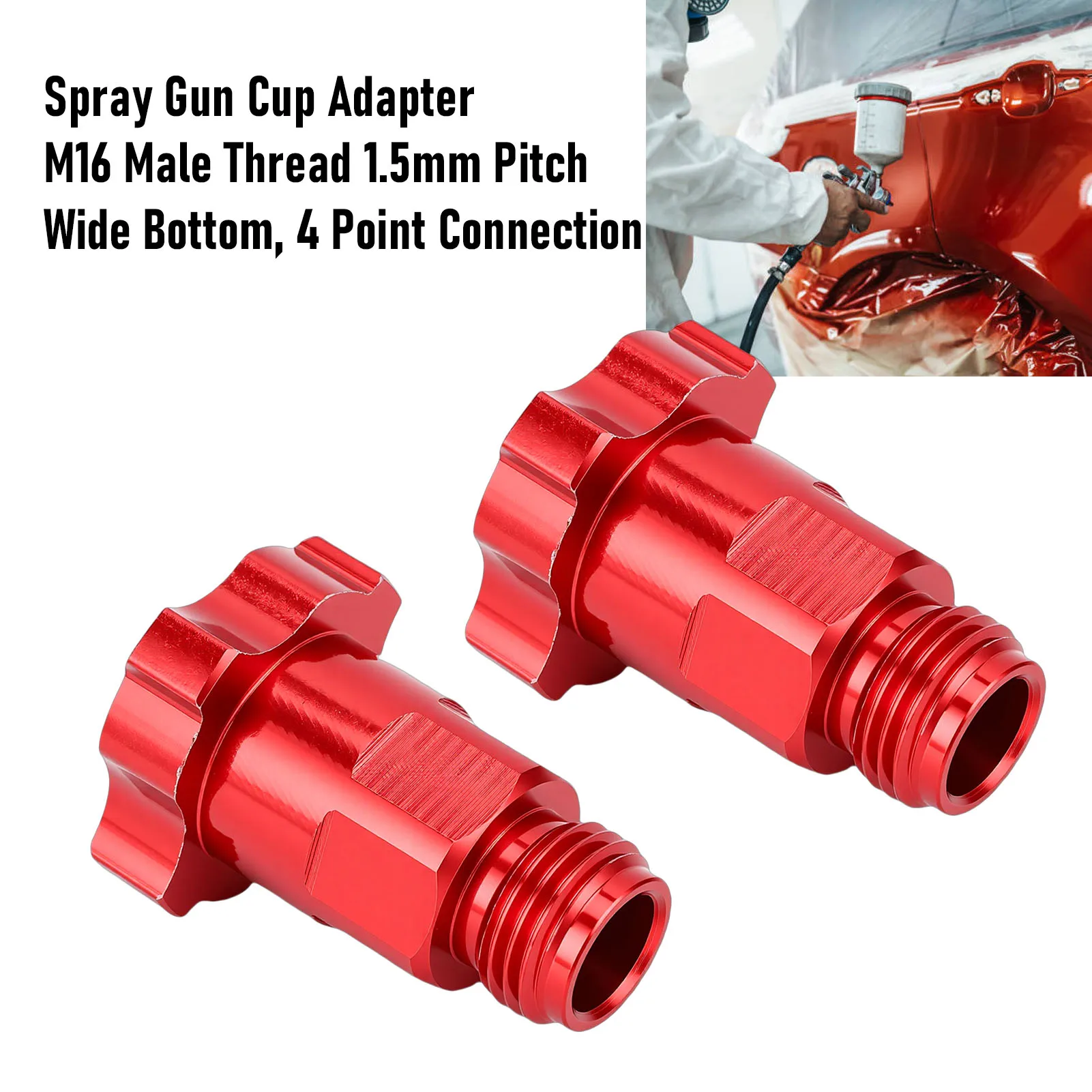 2PCS Spray Gun Cup Adapters Aluminum Alloy Paint Sprayer Cup Converter M16 Male Thread 1.5mm Pitch Red
