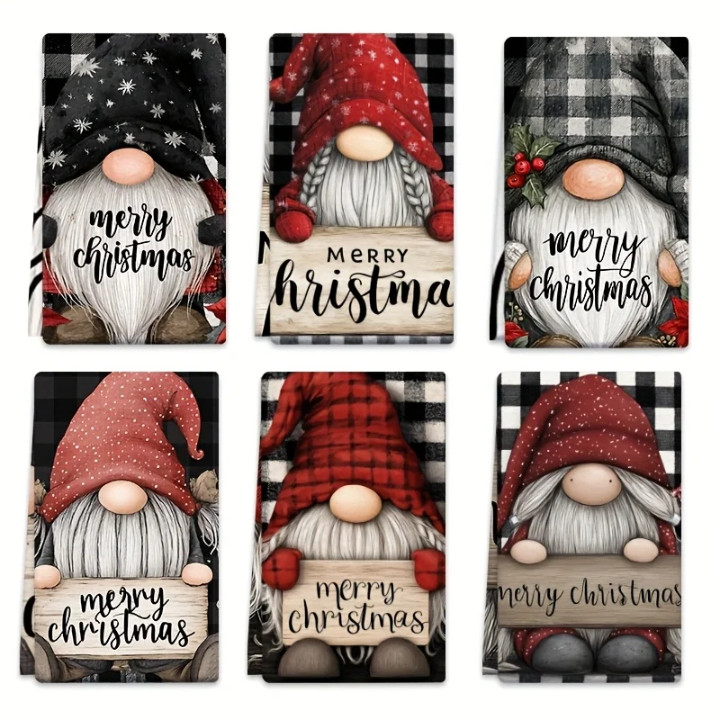 6-Pack dish towels, Christmas dwarf pattern, plaid background, blessing logo, microfiber absorbent kitchen rag