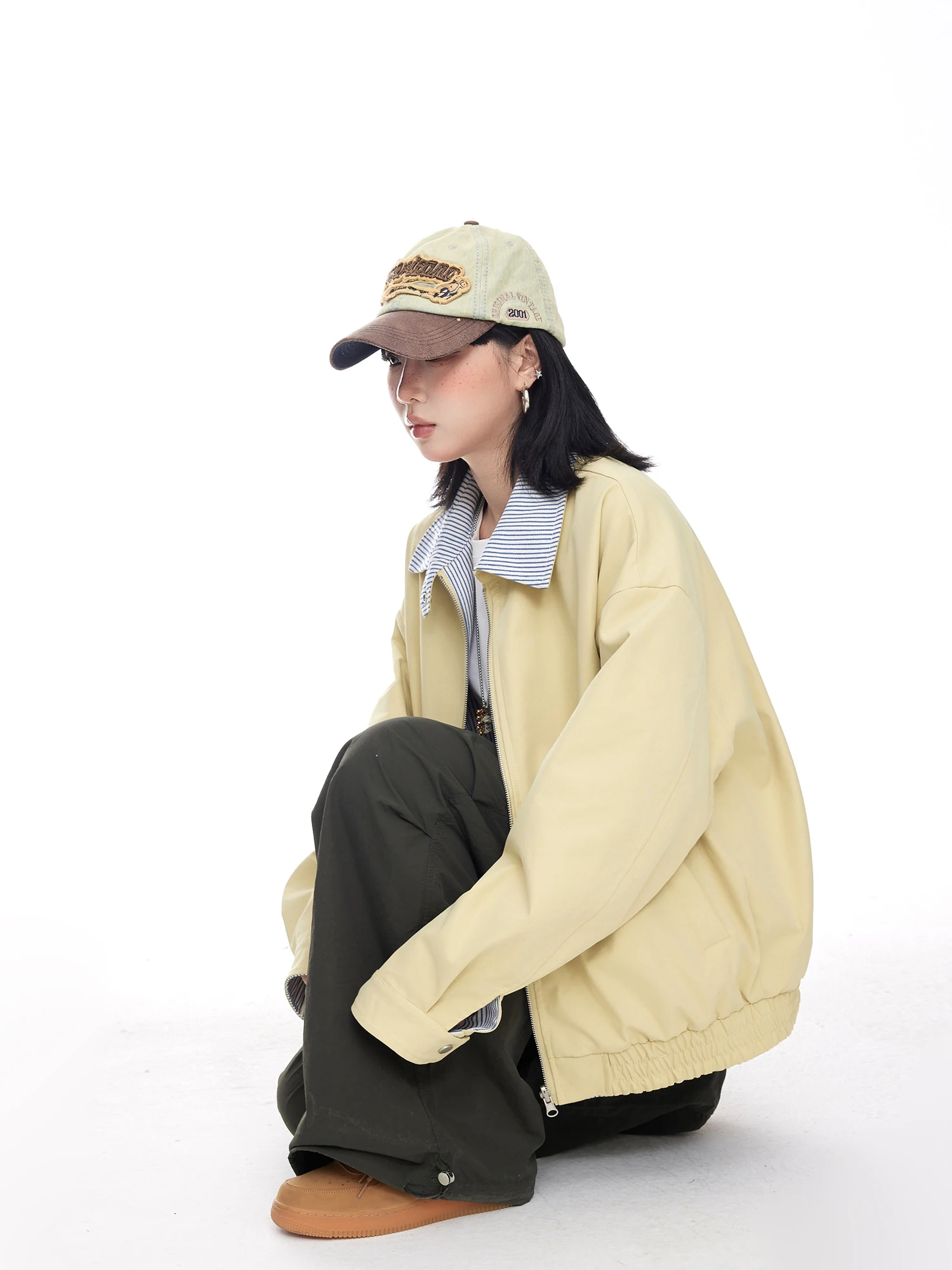 

Double-Sided Wear American Stripe Splicing Loose Women's Jaet Spring New Design Vintage Open Cardigan Collar Trendy Coat