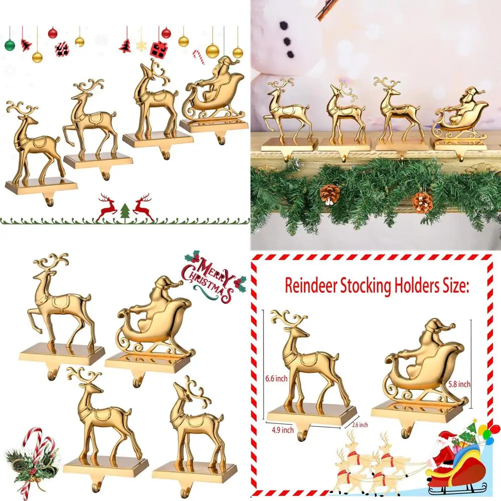 

Vintage Gold Deer and Sleigh Stocking Holders, Set of 4, Mantel Christmas Decorations for Fireplace