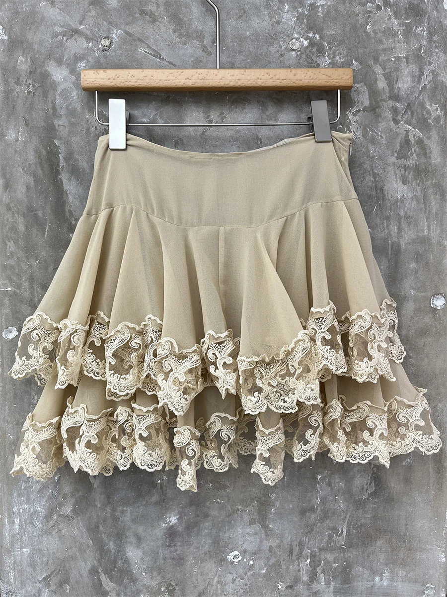 VGH Solid Spliced Sheer Mesh Two Piece Set for Women Lapel Long Sleeve Top Patchwork Lace Tiered Mini Skirt Summer Outfit Female