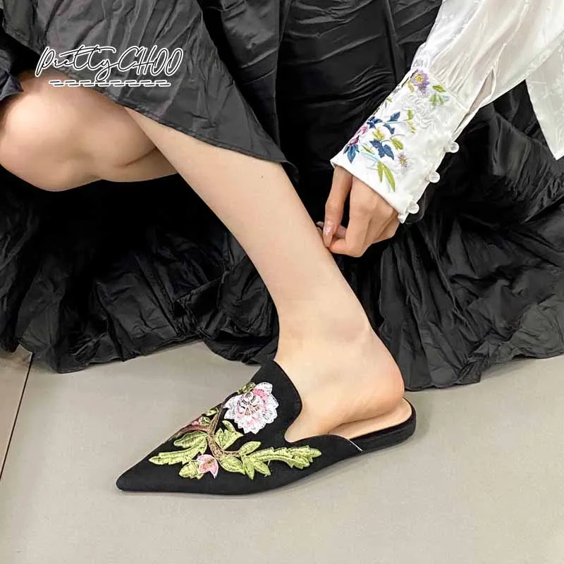 Luxury Embroidery Velvet Mules Woman Elegant Pointed Toe Flower Velour Slide Sandals Ladies Evening  Vintage Slip-on Flat Shoes