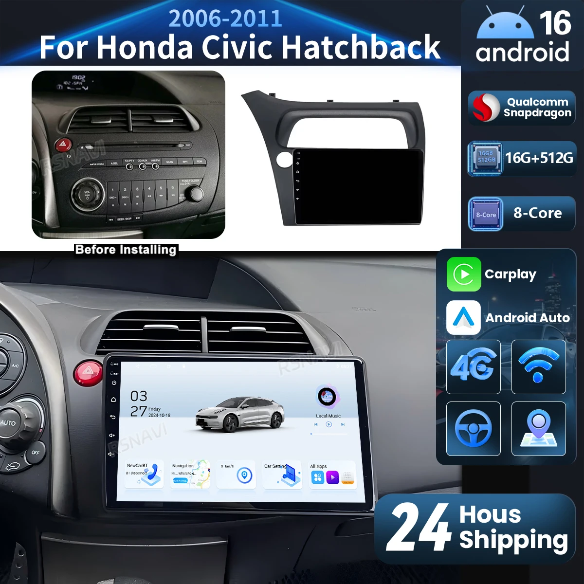 Android 16 Carplay Auto 2K Screen Car Radio Multimedia Player For Honda Civic Hatchback 2006-2011 RHD Autoradio Qualcomm WIFI BT