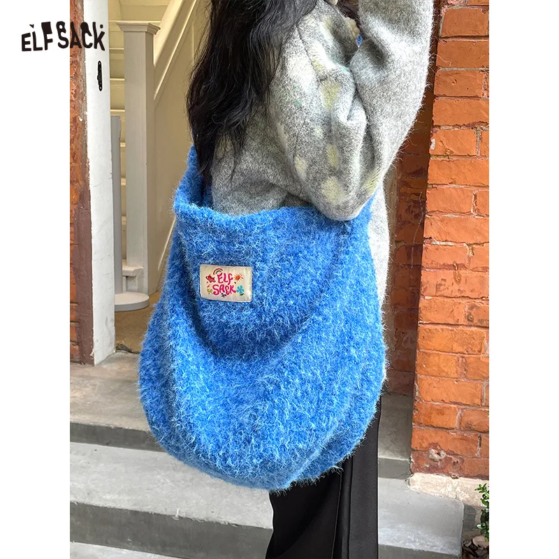 

ELFSACK Y2K Korean Solid Plush Handbag Large Capacity Backpack Crossbody Bag For Women