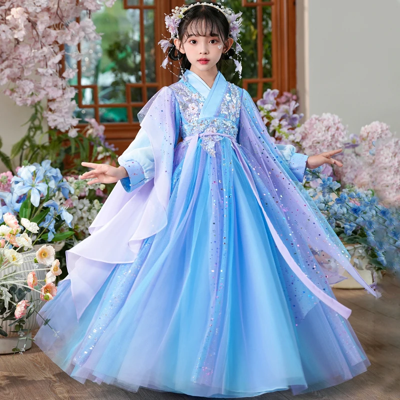 

Платье ханьфу с вышивкой для девочек, новое китайское платье древней феи для выступлений, танцевальная одежда династии Тан, детский карнавальный костюм